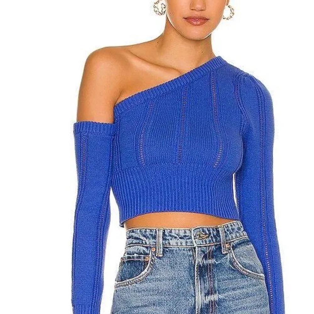 REVOLVE Blue Off-the-Shoulder Sweater Ribbed Knit Cropped